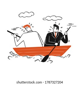 Collection of hand drawn two business man paddling on a small wooden boat.Vector illustrations in sketch doodle style.