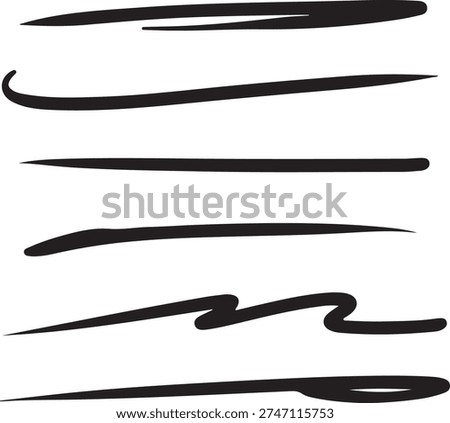 Collection of hand drawn underline brush strokes and wavy lines on white background for design element