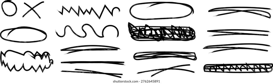 Collection of hand drawn underline, scribble, circle, and cross-out elements. Vector illustration of doodle style markers for highlighting text.