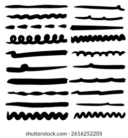 collection of hand drawn underline styles including bold, thin, wavy, and crossed lines. These underline marker illustrations are perfect for highlighting text, graphic design projects, note taking.