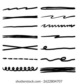collection of hand drawn underline styles including bold, thin, wavy, and crossed lines. These underline marker illustrations are perfect for highlighting text, graphic design projects, note taking.