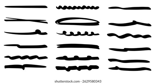 collection of hand drawn underline styles including bold, thin, wavy, and crossed lines. These underline marker illustrations are perfect for highlighting text, graphic design projects, note taking.