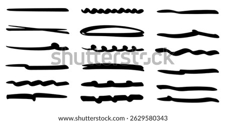 collection of hand drawn underline styles including bold, thin, wavy, and crossed lines. These underline marker illustrations are perfect for highlighting text, graphic design projects, note taking.
