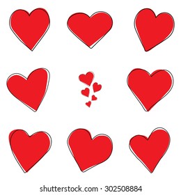 Collection of hand drawn and uneven heart sketch vector set in different sizes. 