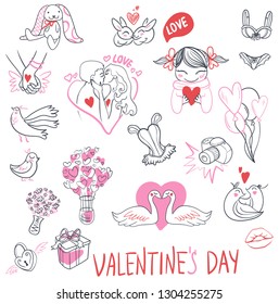 Collection of hand drawn Valentine day doodle. Valentine's day special pack design elements sets. Perfect for invitation cards and page decoration. Vector illustration.