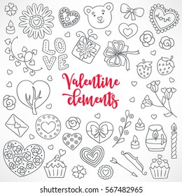 Collection of hand drawn Valentine elements - flowers, candle, love, bow, arrow, letter, tree, strawberry, rose, branch, cupcake, garland. Perfect for coloring book.