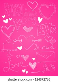 A collection of hand drawn valentines day vector sketches are shown on a pink background.