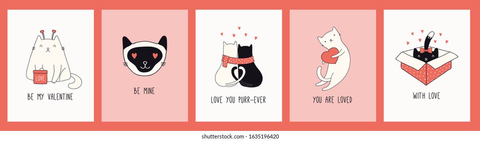 Collection of hand drawn Valentines day greeting cards with cute cats in hats, hearts, gifts, quotes. Vector illustration. Line drawing. Design concept for holiday print, invite, banner, gift tag.