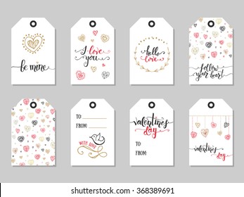 Collection of hand drawn Valentine's Day cute ready-to-use gift tags. Hand sketched Valentine's Day text and lettering typography as badge/icon set. Romantic vector lettering typography gift tags. 