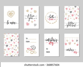 Collection of  hand drawn Valentine's Day cute ready-to-use gift cards.lettering typography text, badge,icon.Celebration poster, postcard, invitation, banner.Romantic quote vector lettering typography