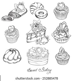 Collection Hand drawn of various beautiful Cakes and Cupcakes. Sketch Vector illustration.