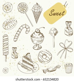 Collection Hand drawn of various beautiful desserts. Sketch Vector illustration.