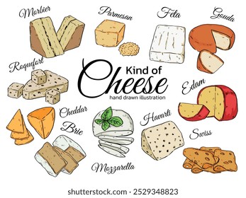 Sammlung von Hand gezeichnet verschiedene Art von Käse Lebensmittel Illustration Set2