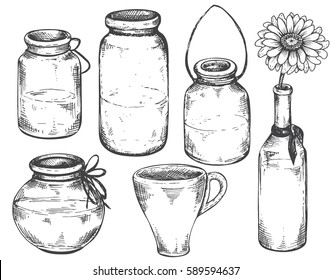 Collection of hand drawn vases and jars. Set of monochrome vector illustrations in sketch style