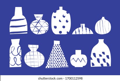 Collection of hand drawn vector abstract vases. Checkered dotted geometrical simple texture. Trendy collage for design in handicraft style. Aesthetic composition in indigo color. Minimalist shapes