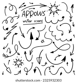 Collection of hand drawn vector arrow sign doodles.