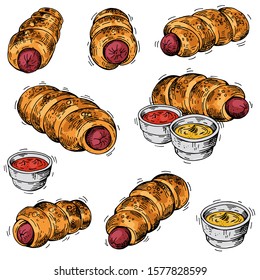 Collection hand drawn vector Bagel Dog. Baked sausage in the dough. Hot dog baked inside. Illustrations with pastries. For menu design, advertising, packaging, banners. Sketches, engraving style color