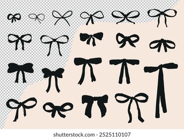 Colección de mano dibujada, lazos de Vector y cintas. Paquete de accesorios de corbata de pelo negro.