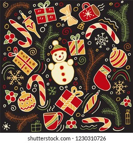 Collection of hand drawn vector Christmas elements on black background. Illustration of cute candies, pine trees branches, Christmas decorations and gifts. Perfect for holidays postcards.
