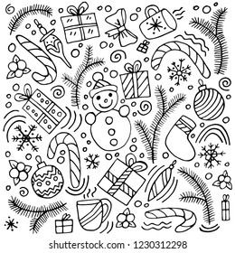 Collection of hand drawn vector Christmas elements. Illustration of cute candies, pine trees branches, Christmas decorations and gifts. Perfect for holidays postcards.