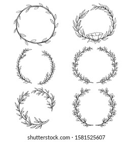 Collection of hand drawn vector circular decorative elements for wedding invitation. Floral border or decorative branches