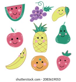 Collection of hand drawn vector cute fruits for kids. 