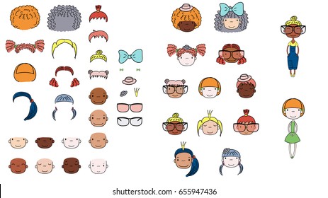Collection of hand drawn vector doodles of cute girls heads with different hairstyles, skin colors, accessories and two bodies. Isolated on white background. Design concept for kids. Do it yourself.