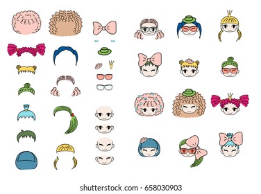 Collection of hand drawn vector doodles of kawaii funny girls heads with different hairstyles and trendy accessories. Isolated objects on white background. Design concept for children. Do it yourself.