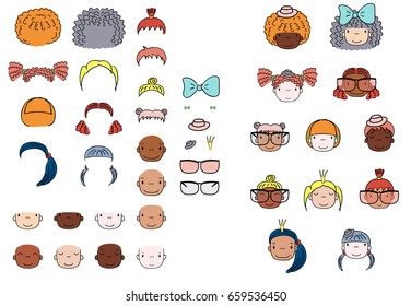 Collection of hand drawn vector doodles of cute funny girls heads with different hairstyles, skin colors and accessories. Isolated objects on white background. Design concept for kids. Do it yourself.