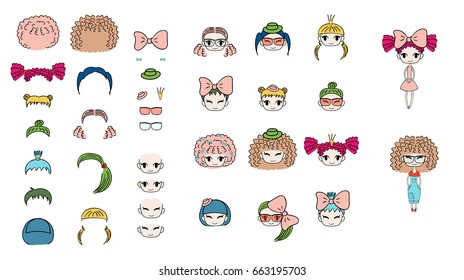 Collection of hand drawn vector doodles of kawaii funny girls heads with different hairstyles, accessories and two bodies. Isolated on white background. Design concept for children. Do it yourself.