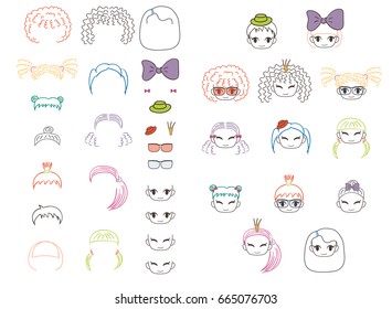 Collection of hand drawn vector doodles of kawaii funny girls heads with different hairstyles and trendy accessories. Isolated objects on white background. Design concept for children. Do it yourself.