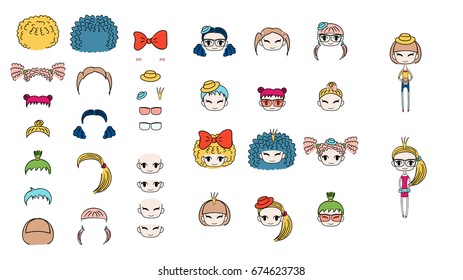 Collection of hand drawn vector doodles of kawaii funny girls heads with different hair, accessories and two bodies. Isolated objects on white background. Design concept for children. Do it yourself.