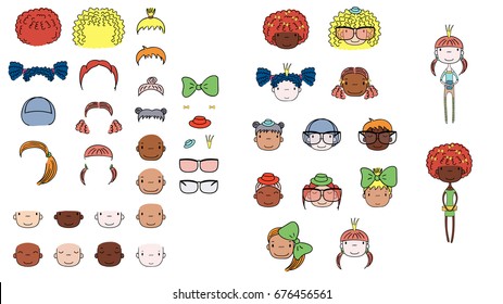 Collection of hand drawn vector doodles of cute girls heads with different hair, skin colors, accessories  and two bodies. Isolated objects on white background. Design concept for kids. Do it yourself