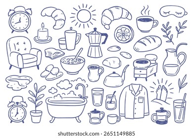Collection of hand drawn vector elements for morning routine concept. Includes breakfast, coffee, tea, croissants, sleep, alarm clock, bathtub, indoor plant, pajama, cozy chair and more. Ideal for