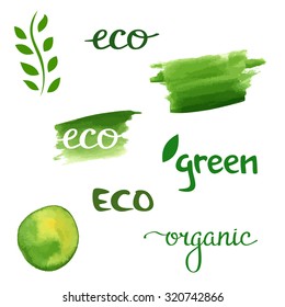 A collection of hand drawn vector elements related to eco-design: symbols, backgrounds and leaves