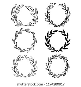 Collection of hand drawn vector floral wreath with leaves. Circle frame wreaths for logo design, for wedding invitations, for emblem and badge.