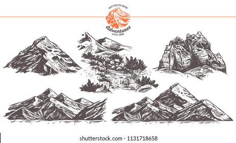 Collection of hand drawn vector illustration of mountains. Rocks and waterfall  in sketch engraving style for adventure design