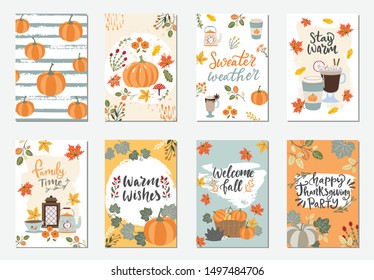 Kollektion von handgezeichneten Herbstplakaten und Karten für Thanksgiving und saisonale Grüße. Handgeschriebene Schriftzeichen