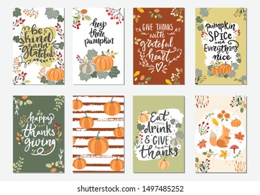 Colección de ilustraciones vectoriales hechas a mano afiches y tarjetas de otoño para el diseño de Acción de Gracias y saludos estacionales. Frases con letras caligráficas escritas a mano