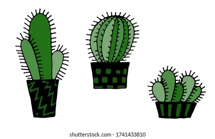 Collection of hand drawn vector illustration of cactuses in the pot. Doodle outline drawing isolated on white background. Exotic green houseplant. Home interior decoration. Design element