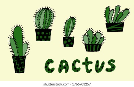 Collection of hand drawn vector illustration of cactuses in the pot. Doodle outline drawing isolated on yellow background. Exotic green houseplant. Home interior decoration. Design element