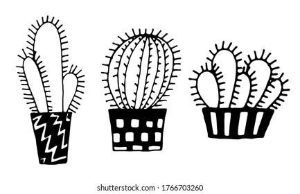 Collection of hand drawn vector illustration of cactuses in the pot. Doodle outline drawing isolated on white background. Exotic houseplant. Home interior decoration. Black and white coloring template
