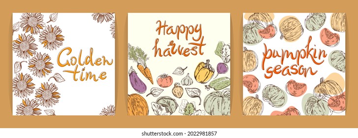 Kollektion von handgezeichneten Vektorgrafik Herbst Happest Day Poster und Karten oder saisonale Design mit Kürbis, Schrift und Herbstblätter. Handgeschriebene Schriftzeichen