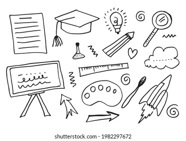 Collection of hand drawn vector illustrations of education and hand drawn background with school supplies and creative elements. for  design concept.
