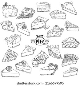 Collection of hand drawn vector illustrations of dessert pies. Individually isolated. Retro diner style for menus, signs, icons, recipes, cafes, restaurants, pattern design, packaging, products etc.