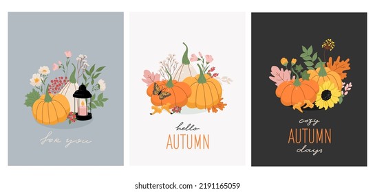 Collection of hand drawn vector illustrations of autumn cards or posters with seasonal greetings. Handwritten calligraphic phrases.