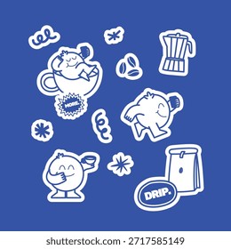 Uma coleção de ilustrações vetoriais desenhadas à mão representando vários temas cafeeiros. Os adesivos apresentam caracteres adoráveis Este estilo de rabiscar alegre é perfeito para projetos digitais, embalagem, impressão sob demanda ou marca relacionada a cafés. A simples arte de linha e duas paletas de cores fornecem uma estética moderna, minimalista e divertida.
