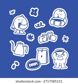 Uma coleção de ilustrações vetoriais desenhadas à mão representando vários temas cafeeiros. Os adesivos apresentam caracteres adoráveis Este estilo de rabiscar alegre é perfeito para projetos digitais, embalagem, impressão sob demanda ou marca relacionada a cafés. A simples arte de linha e duas paletas de cores fornecem uma estética moderna, minimalista e divertida.