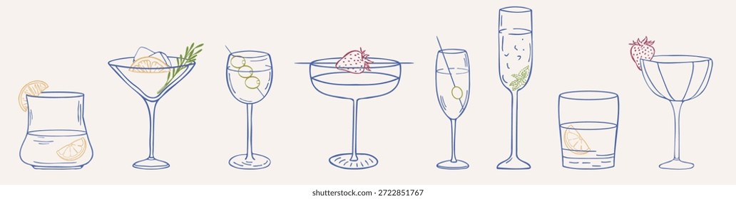 Coleção de ilustrações vetoriais desenhadas à mão de bebidas e coquetéis 
em diferentes tipos de copos com cubos de gelo guarnece ervas cítricas 
azeitonas de morango, em estilo de esboço de tinta doodle para casamento ou menu de festa