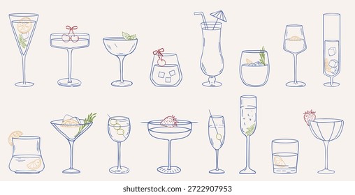 Colección de Ilustraciones vectoriales dibujadas a mano de bebidas y cócteles en diferentes vasos con cubitos de hielo, guarniciones, cítricos, cerezas, fresas, aceitunas, estilo de boceto de tinta doodle para bodas o fiestas